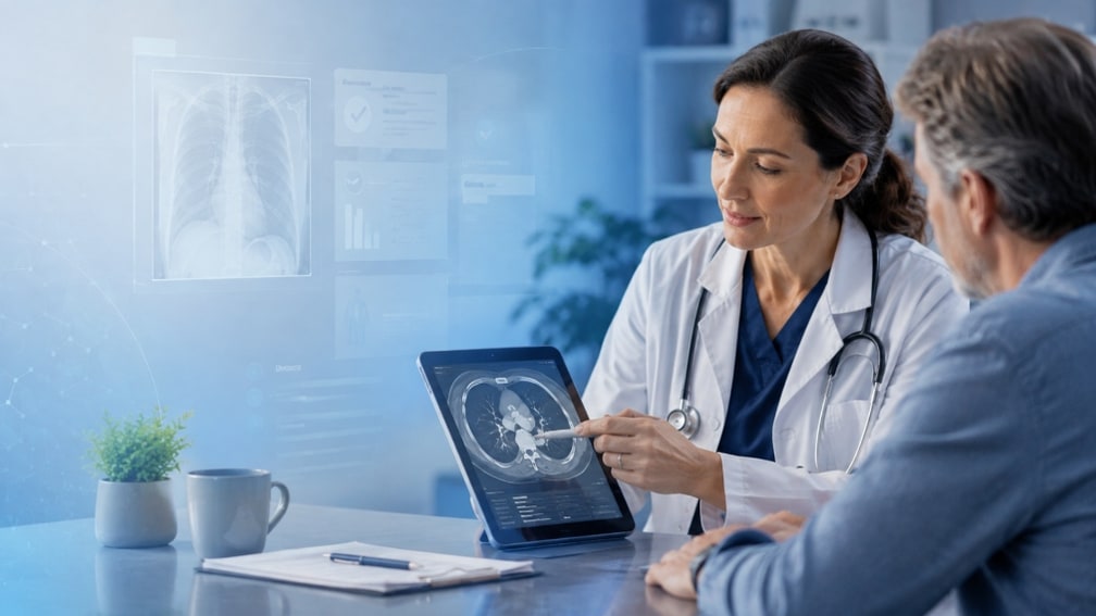 Médica explicando a su paciente una tomografía de tórax en una tableta durante la consulta