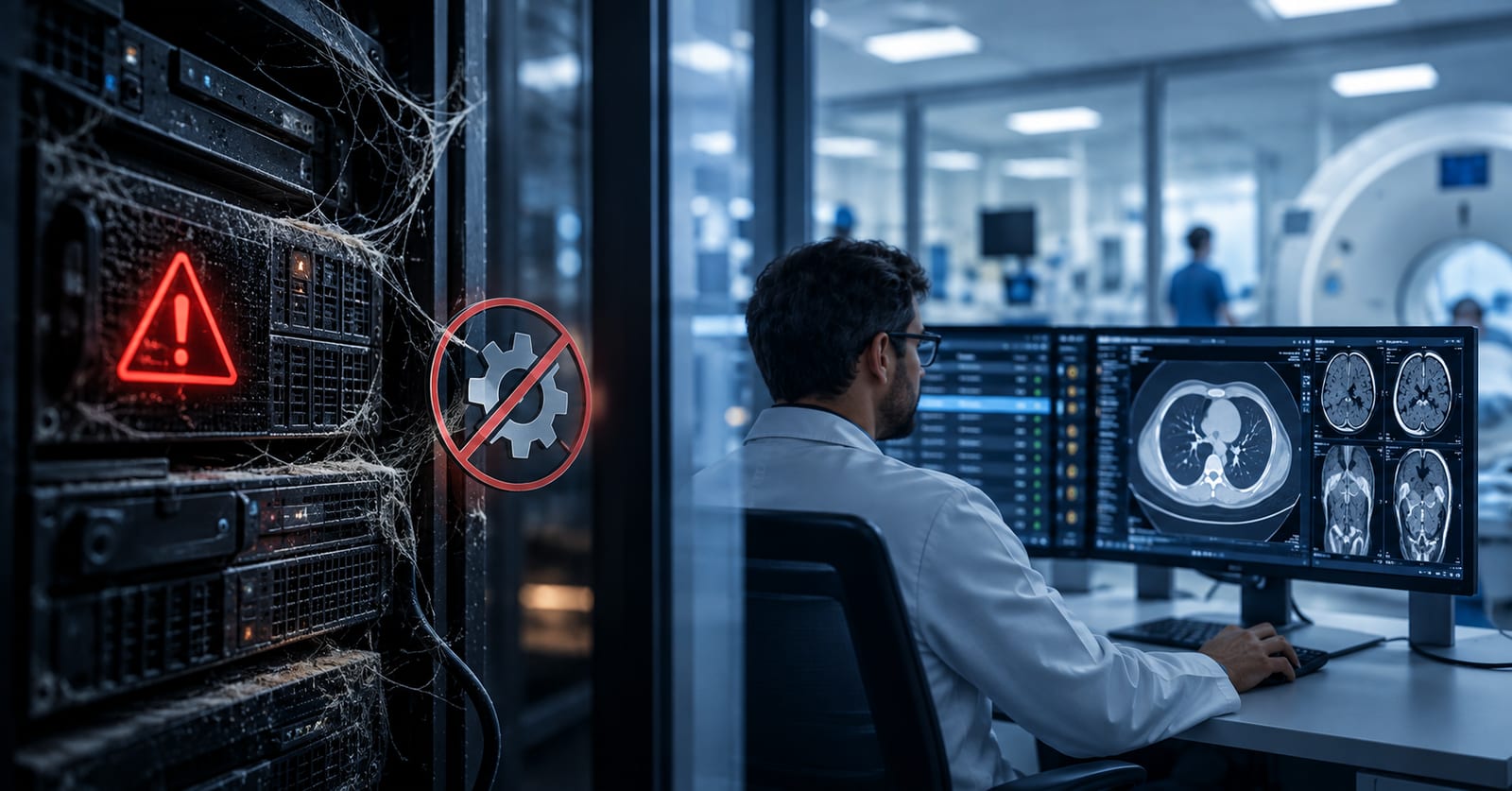 Servidores antiguos cubiertos de telarañas, con una alerta de seguridad y la señal de que ya no pueden actualizarse, junto a un radiólogo que lee estudios en su estación de trabajo