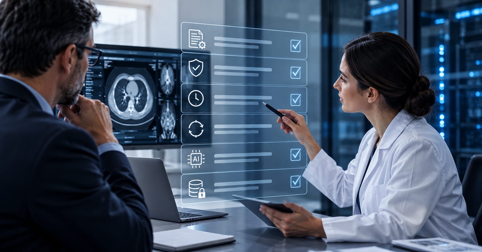 Una médica repasa con un directivo una lista de verificación del proveedor: documentación, protección, tiempos de respuesta, actualizaciones, inteligencia artificial y datos
